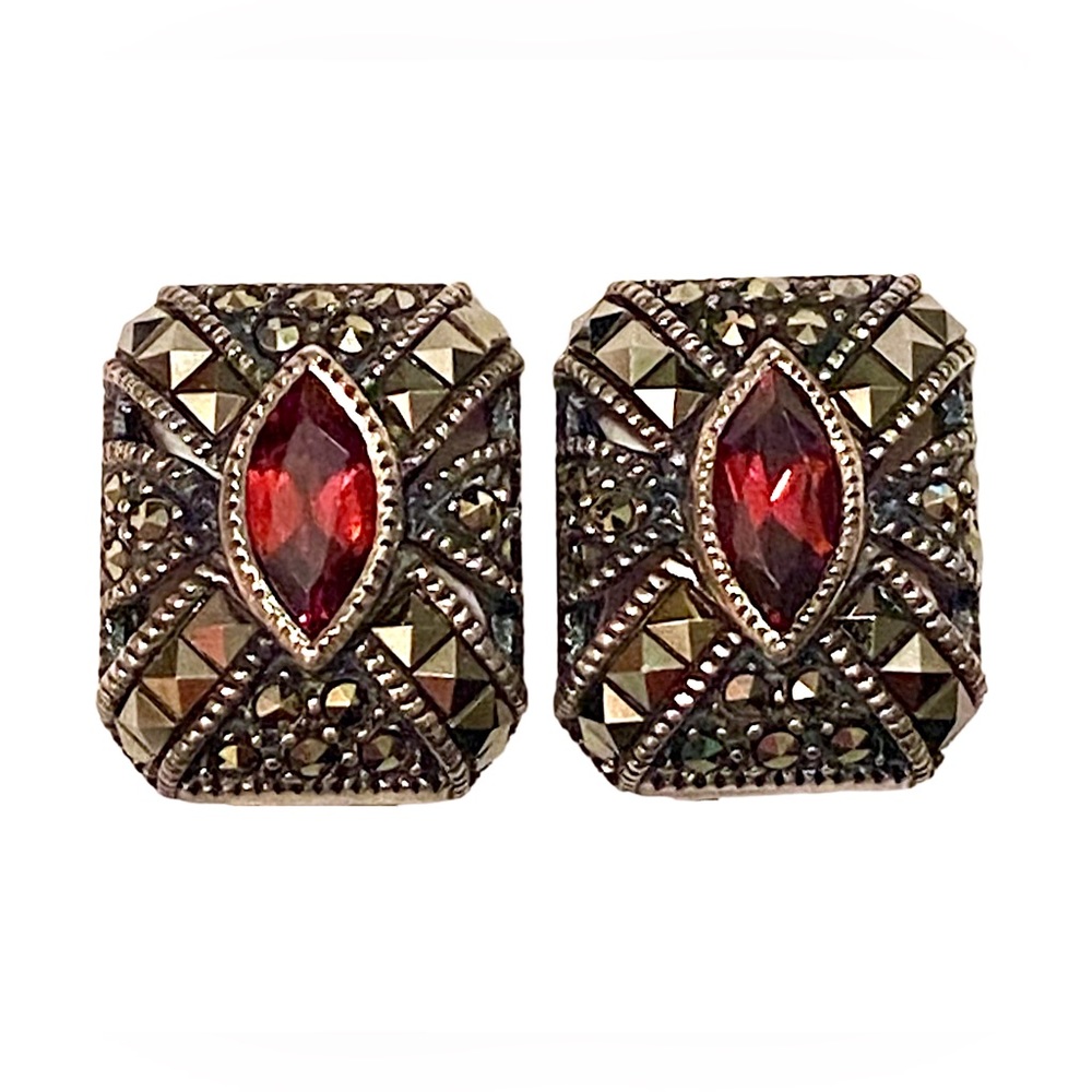 JUDITH JACK Vintage Garnet Marcasite Sterling Silver 925 Clip On